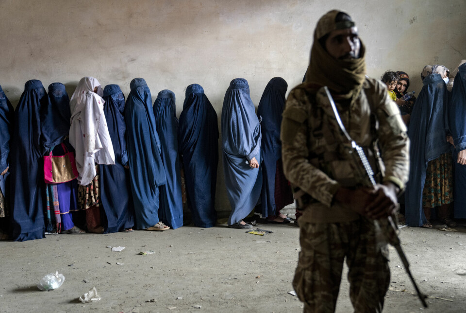 En Taliban-kriger står vakt mens kvinner venter på å motta matrasjoner fra en humanitær organisasjon i Kabul i mai i år.