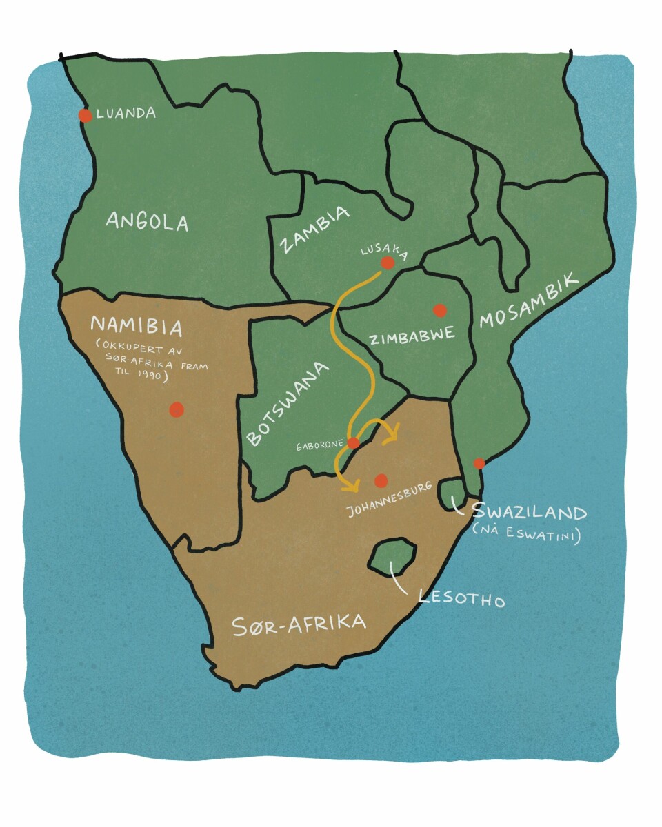 Kartet viser veien ANC/MK-medlemmer tok fra ANCs hovedkvarter i Lusaka, via trygge hus i og i nærheten av Gaborone og videre inn i Sør-Afrika.