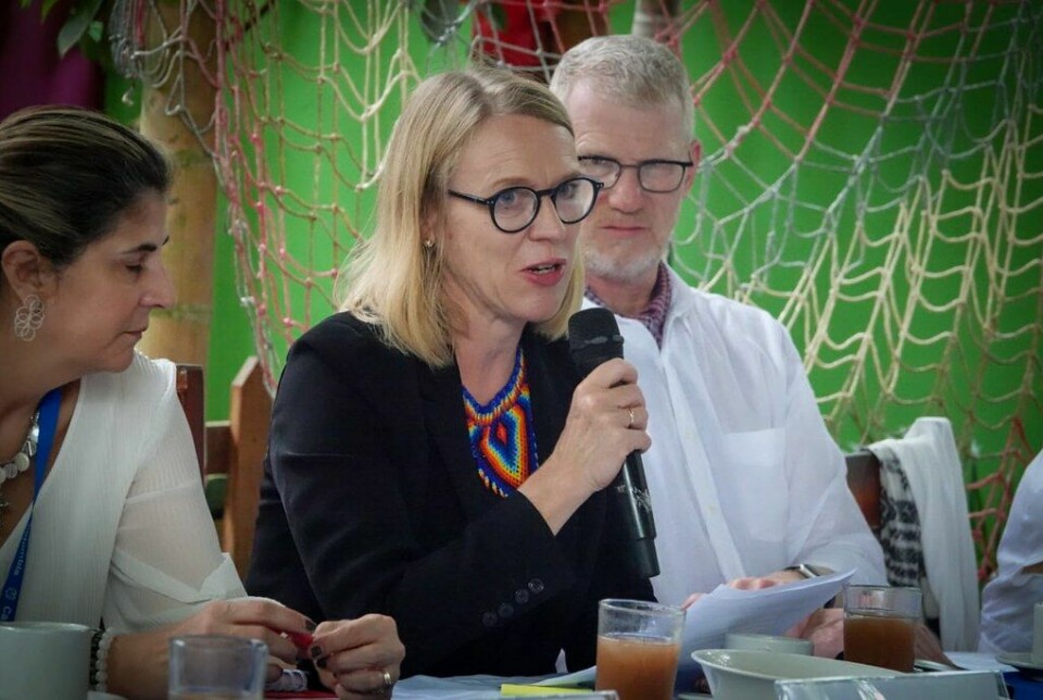 Utenriksminister Anniken Huitfeldt under et besøk i Colombia i fjor. Ambassaden i Colombia jobber tett med menneskerettighetsforsvarerne i landet.