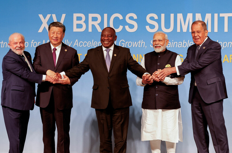 Toppederne for BRICS-landene poserer i forbindelse med toppmøtet i Johannesburg i august i år.