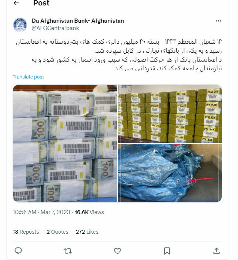 Den afghanske sentralbanken har jevnlig lagt ut bilder som angivelig viser FNs kontantsendinger. I dennne tweeten fra mars i år står det blant annet at en pakke med 40 millioner dollar er ankommet og blitt plassert i en av Afghanistans banker. Videre står det at sentralbanken setter pris på hjelp som bringer valuta inn i landet og som hjelper befolkningen.