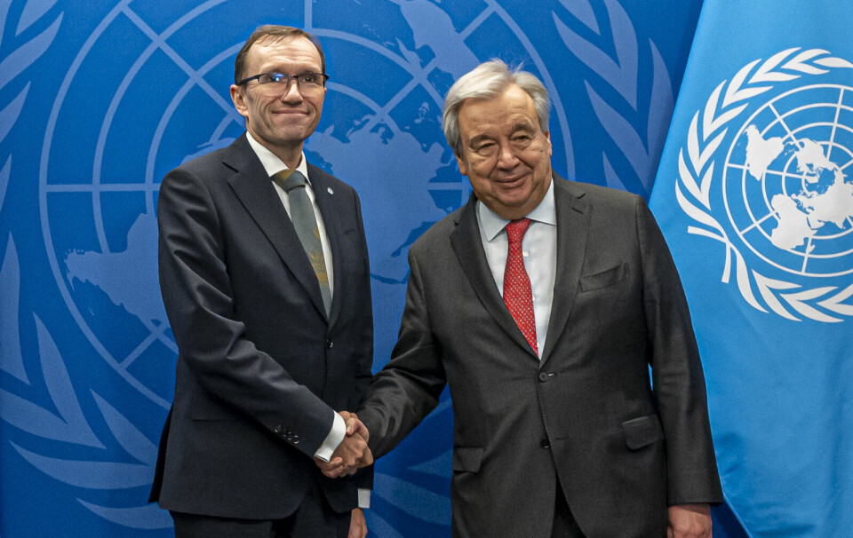 Utenriksminister Espen Barth Eide (Ap) sammen med generalsekretær António Guterres i FN-hovedkvarteret i New York tirsdag 23. januar.