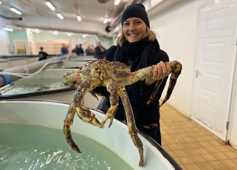 Martine Røiseland har fartet mye i jobbsammenheng, som kommunikasjonssjef i Klima- og miljødepartementet, journalist og i Nærings- og fiskeridepartementet. Her avbildet sammen med en kongekrabbe i Berlevåg i Finnmark.