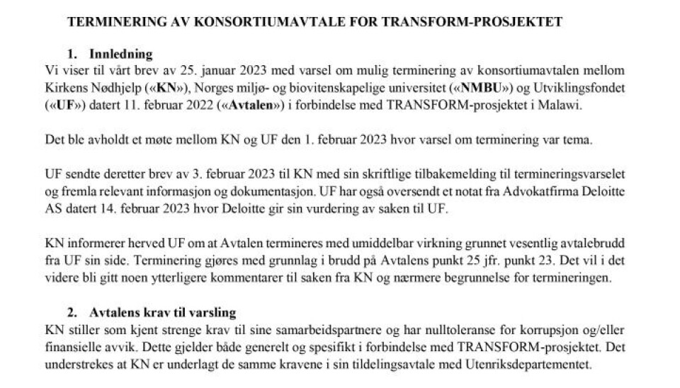 I dette brevet fra februar 2023 varsler Kirkens Nødhjelp at samarbeidet med Utviklingsfondet avsluttes med umiddelbar virkning.