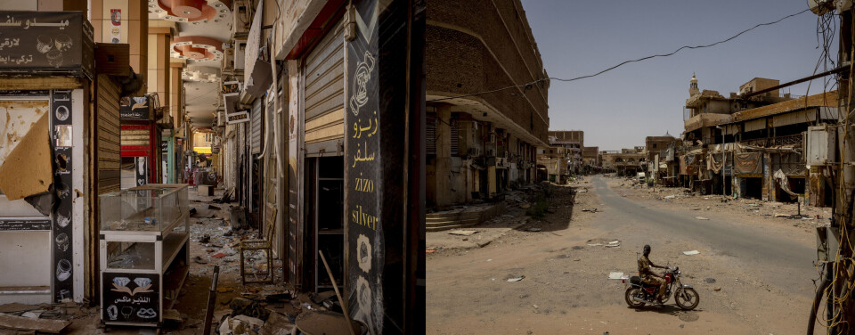 Plyndrede butikker, tomme gater og en enslig SAF-soldat på patrulje i byen Omdurman nord for hovedstaden Khartoum i april i år. 14 måneder med krig har rasert store deler av Sudan – og ført til enorme menneskelig lidelser.