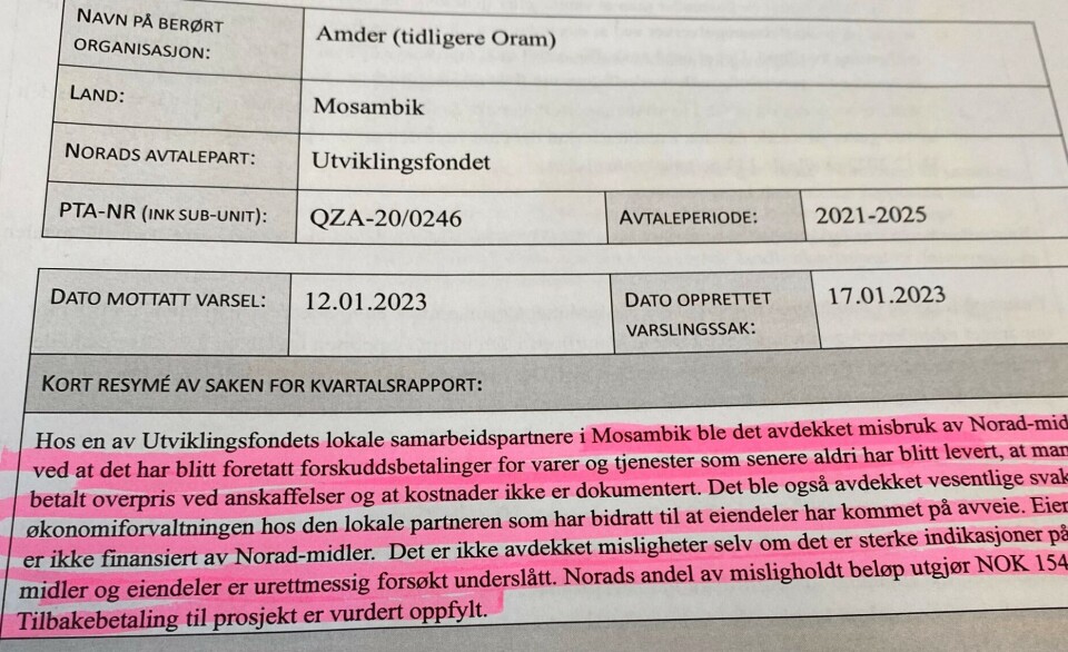 Fra Norads rapport om saken. Utviklingsfondet meldte fra til Norad tidlig i 2023 og støtten til Amder ble frosset. Revisorfirmaet BDO bekreftet senere Utviklingsfondets funn.