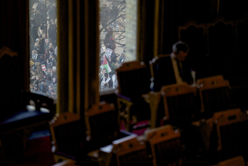 Demonstrasjon utenfor Stortinget til støtte for Palestina i februar 2024.