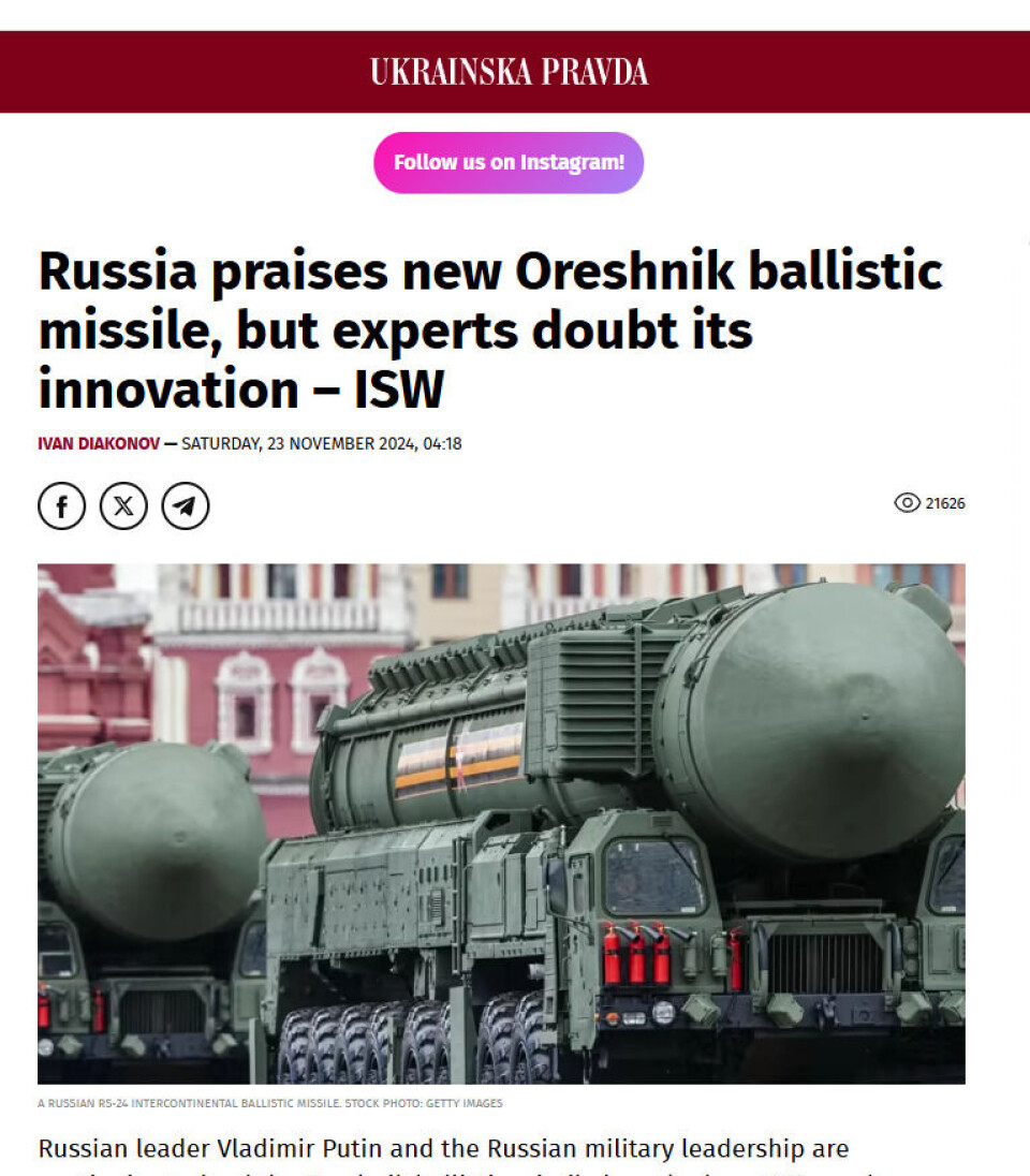 Nettstedet Ukrainska Pravda er blant de som omtaler det nye russiske gigantvåpenet, som Putin hevder det er umulig å forsvare seg mot.