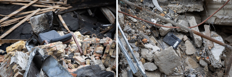 Kontorstoler, skrivebord og telefoner ligger igjen blant murblokker og forvridd metall inne i ruinene. Bygningen huset to hjelpeorganisasjoner og et privat firma.