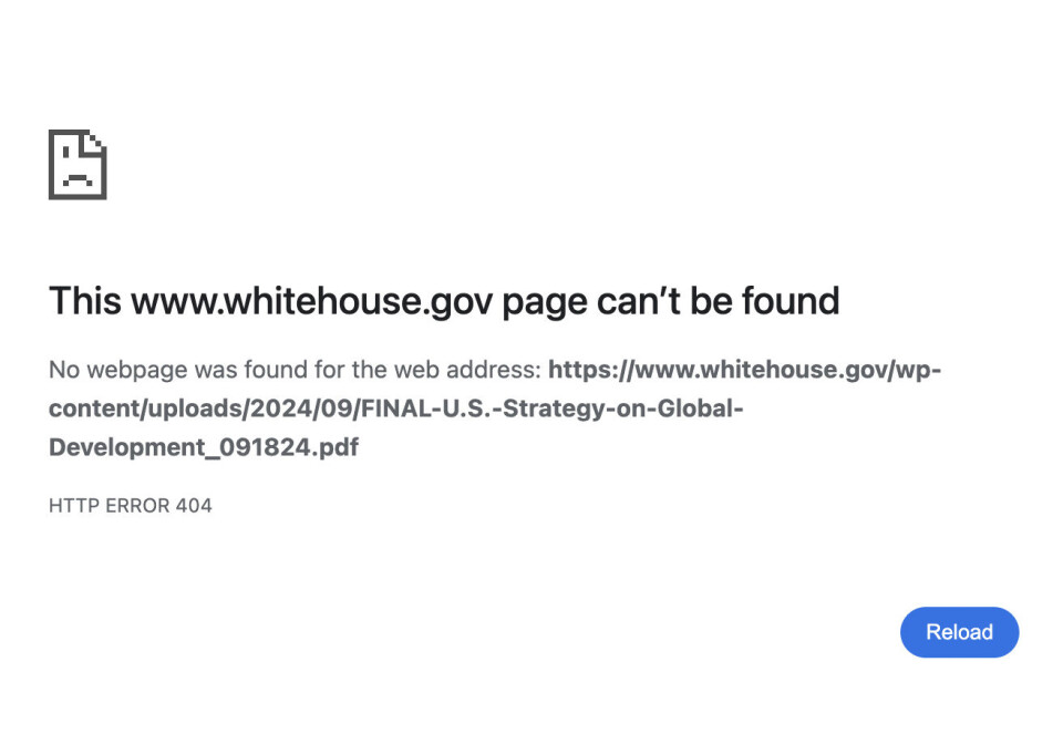 I USAIDs årsrapport for 2024, henvises det til U.S Strategy on Global Development. Nå er dokumentet ikke lenger tilgjengelig på nettsiden til Det hvite hus.
