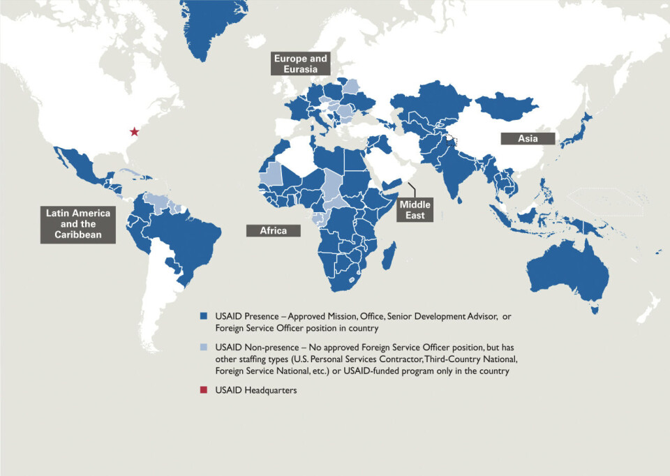 Til stede i mer enn 100 land: «På vegne av det amerikanske folk, fremmer vi demokratiske verdier i utlandet og arbeider for en fri, fredelig og velstående verden», heter det fra USAID.