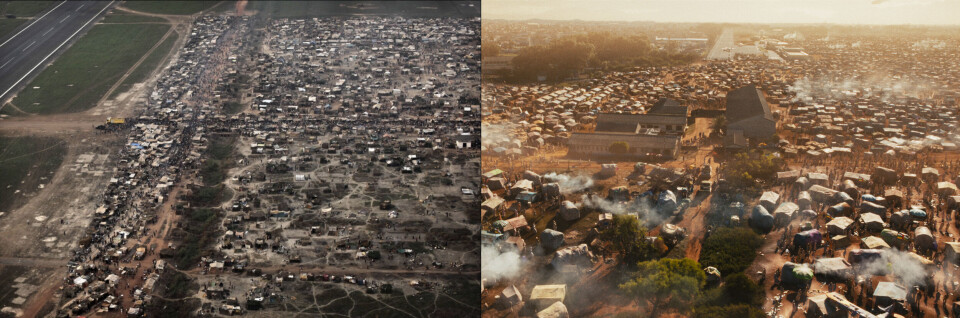 Mer enn 100 000 mennesker søkte tilflukt på Mpoko internasjonale flyplass i Bangui under borgerkrigen i 2013 (bildet til venstre). Den enorme flyktningleiren er gjenskapt i filmen (bildet til høyre). – Det rent fysiske ved leiren var helt absurd, sier Lindis Hurum til Panorama.