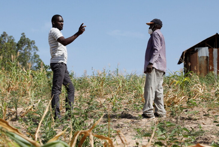 Famine Early Warning System Network har hatt ansatte på plass en rekke steder i Afrika. På bildet er forskeren Chris Shitote i samtale med den lokale bonden Bernard Mbithi etter at maisavlingen hans bukket under for tørke i Kenya i februar 2022.