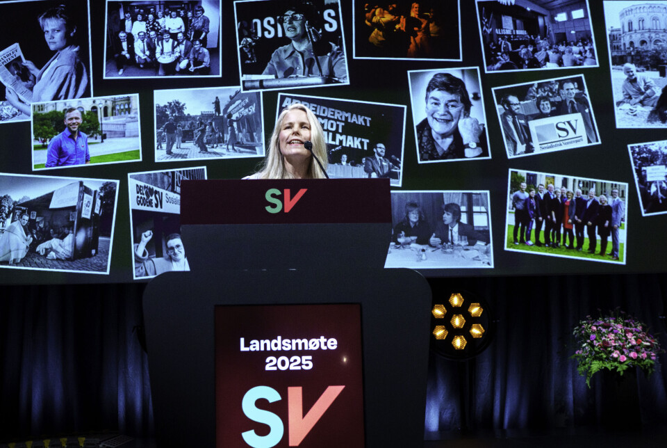 SV-leder Kirsti Bergstø talte på partiets landsmøte i Folkets hus i Oslo i helgen.