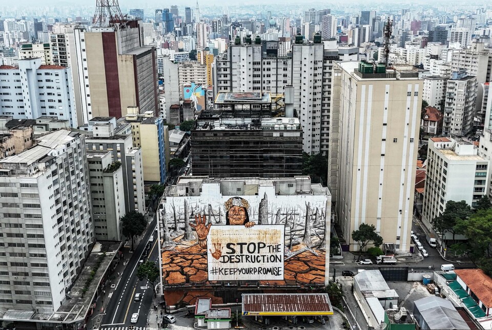 Et gigantisk politisk kunstverk mot avskoging sett fra luften i São Paulo, Brasil. Verket er laget av kunstneren Mundano med aske fra skogbranner og gjørme fra flomområder, og har påskriften: «Stopp avskoging, hold løftet ditt».
