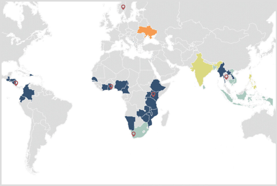 Her er Norfund engasjert: Det statlige investeringsfondet har kontorer i Accra, Nairobi, Cape Town, San José, Bangkok og Oslo. Blått er prioriterte land for utviklingsmandatet, grønn er prioriterte land for klimainvesteringsfondet, mens turkis er prioriterte land for begge mandater. Ukraina er orange.