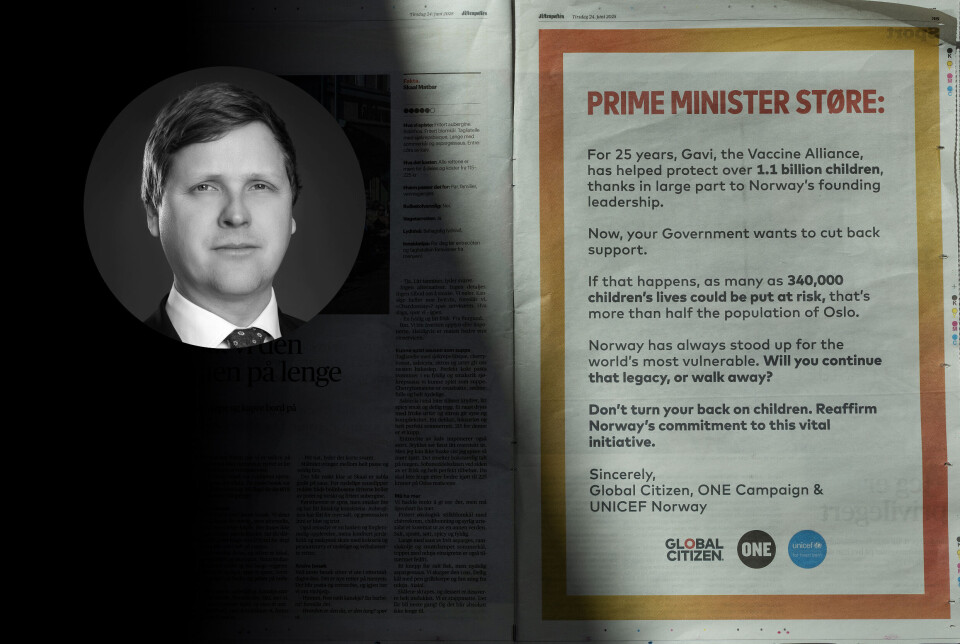 Denne uken ble lesere av Aftenposten møtt av en helsides annonse som retter seg direkte mot statsminister Jonas Gahr Støre (Ap) og regjeringens nedjustering av norsk støtte til vaksinealliansen Gavi.