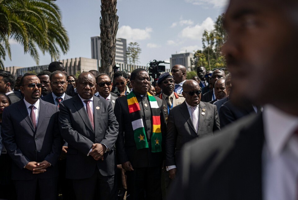 Fra venstre: Etiopias statsminister Abiy Ahmed, Sør-Afrikas president Cyril Ramaphosa, Zimbabwes president Emmerson Mnangagwa og Ghanas daværende president Nana Akufo-Addo under Den afrikanske unions toppmøte i Addis Abeba, Etiopia, i 2024.