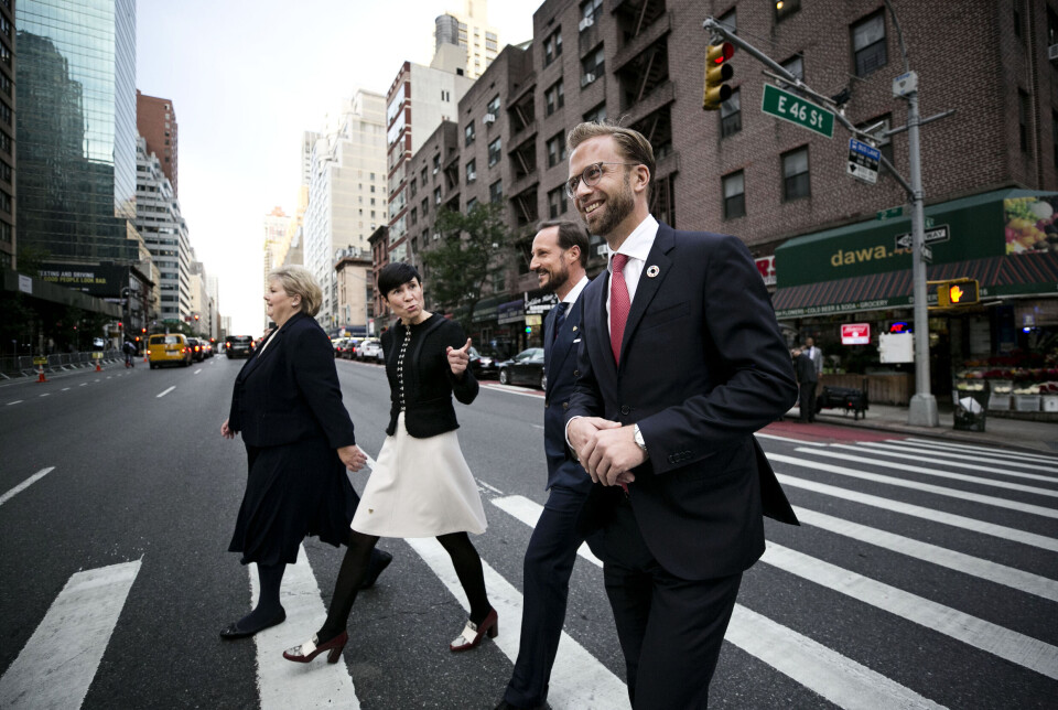 Utviklingsministerposten ble gjenopprettet i 2018. Bildet viser daværende utviklingsminister Nikolai Astrup (H), kronprins Haakon, utenriksminister Ine Eriksen Søreide (H) og statsminister Erna Solberg (H) under FNs generalforsamling i New York samme år.