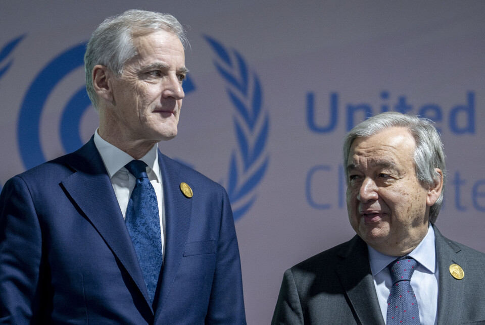 Norges statsminister Jonas Gahr Støre (Ap) er blant lederne som skal til FNs generalforsamling neste uke. Her sammen med FNs generalsekretær António Guterres under klimatoppmøtet COP27 i Egypt i 2022.