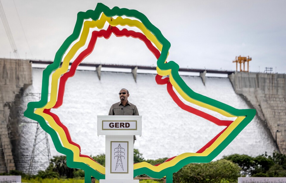 Etiopias statsminister Abiy Ahmed talte under åpningen av Grand Ethiopian Renaissance Dam (GERD) i Guba, Etiopia, 9. september. GERD er Afrikas største vannkraftprosjekt, og har vært kilde til en lang diplomatisk konflikt mellom Etiopia og nabolandene Egypt og Sudan.