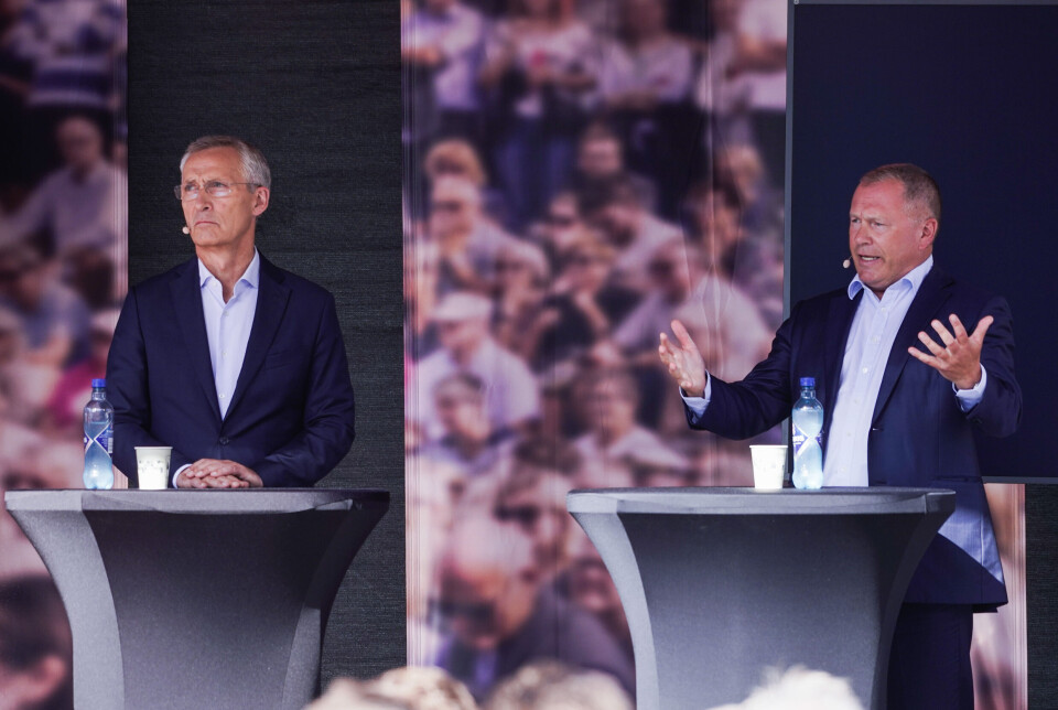 Finansminister Jens Stoltenberg og Oljefondets sjef Nicolai Tangen på Arendalsuka i august.