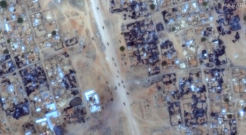 Flyfoto av Zamzam-leiren i nærheten av den RSF-beleirede byen Al-Fashir i Nord-Darfur. Bildet er fra april i år, før angrepene som omtales i denne saken.