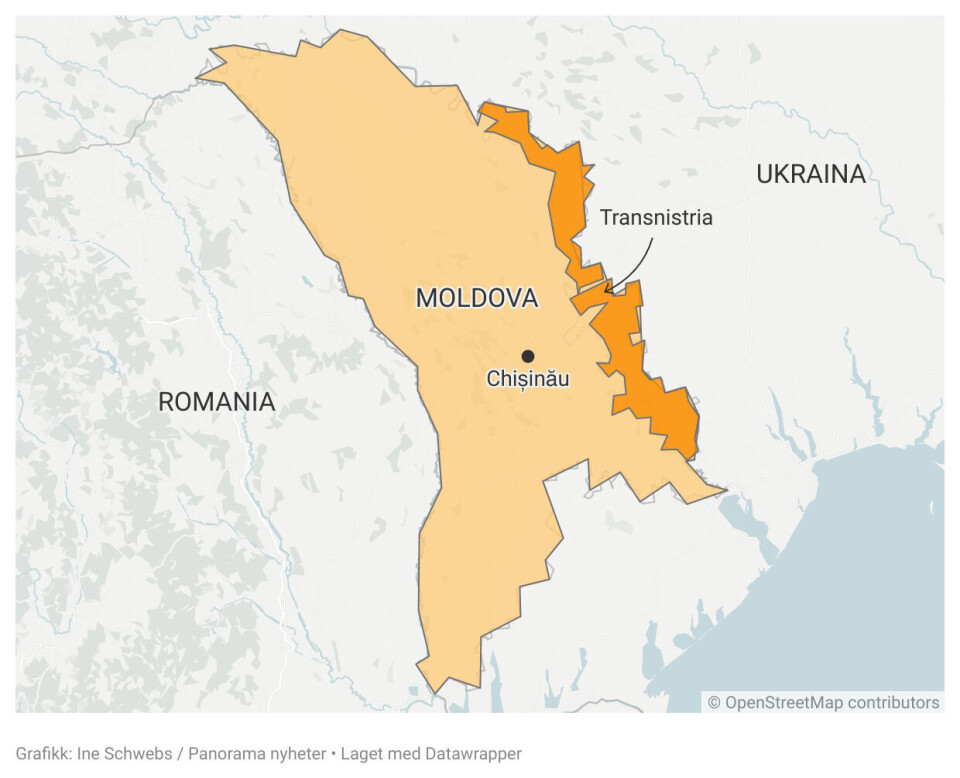 Moldova ligger geografisk inneklemt mellom Romania og Ukraina. I øst finnes den russiskvennlige utbryterrepublikken Transnistria.