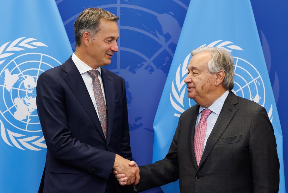 Belgias daværende statsminister Alexander De Croo (t.v.) og FNs generalsekretær António Guterres under FNs generalforsamling i New York høsten 2024.