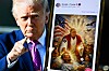 Trump på skjerm ved siden av AI-bilde av seg selv i rød og hvit drakt som Jesus.