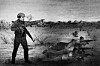 Bevæpnet soldat peker mot tre personer som ligger bak sandsekker i et åpent landskap.