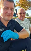 Brannsjef i Kryvyj Rih og Odd Steinar Rønne, leder av Norsk Ukrainsk Brann og Ambulansestøtte (NUBAS).